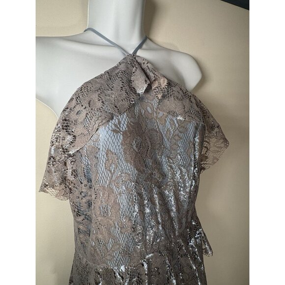 WILLOW & CLAY Lace Ruffle Tiered Maxi Dress Silver Blue Glam NEW Small - Picture 2 of 8